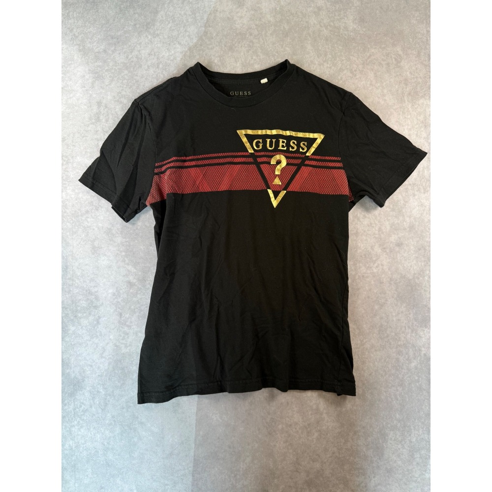 Guess Los Angeles Mens Black Gold Triangle Logo Red Stripe T-Shirt Large